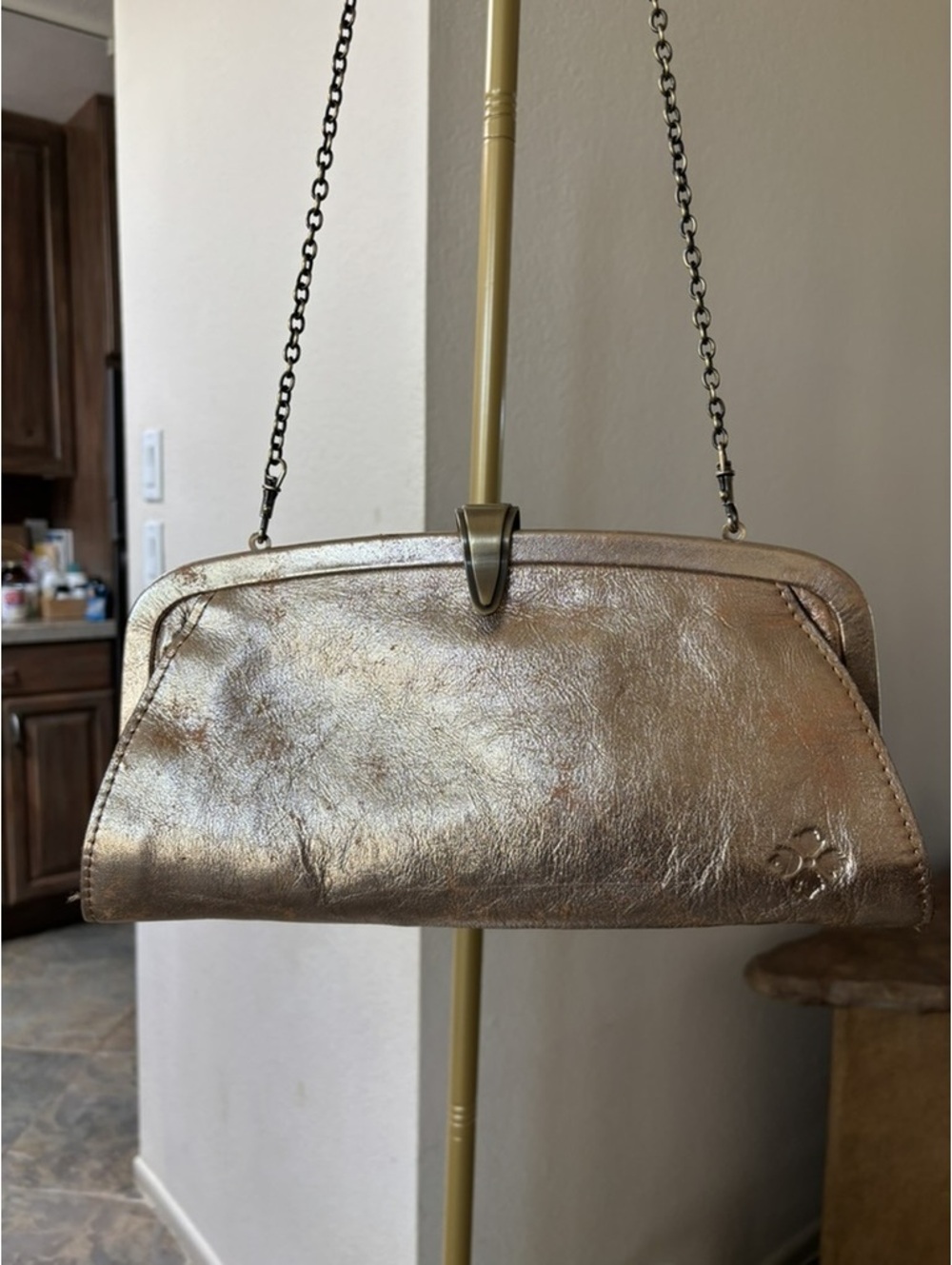 Patricia Nash Asher Metallic Gold Leather Frame Clutch Crossbody